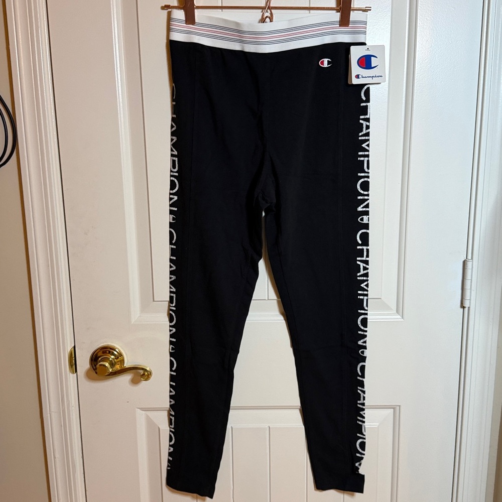Champion Black Leggings with White Distressed Logo Band